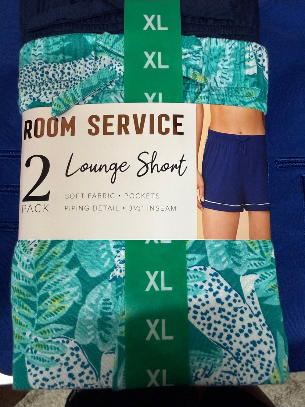 Room Service Women's Teal Printed & Navy Lounge Short 2-Pack - XL